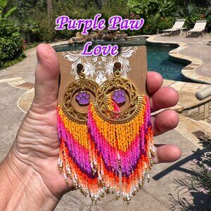 Handmade Beaded Long Fringe Paw Love Dangle Drop Lightweight Post Hoop Earrings